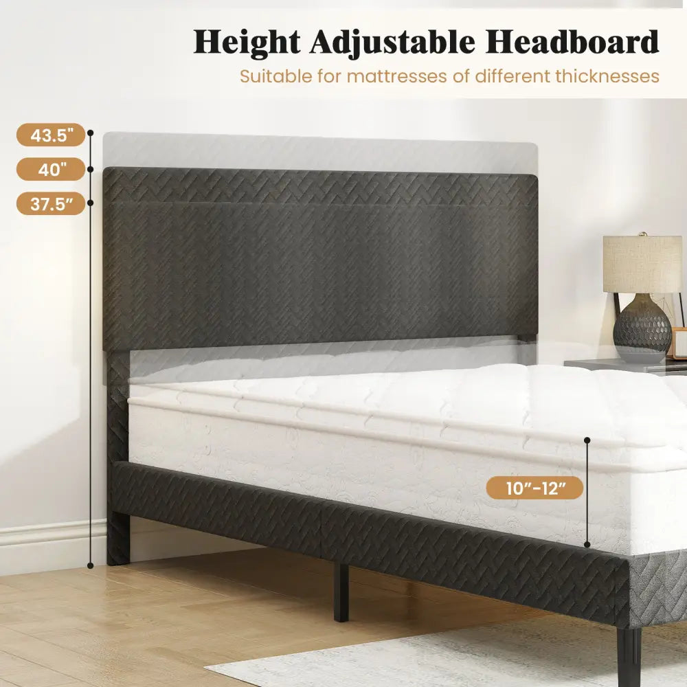 Full Size Velvet Bed Frame Upholstered Platform Bed with Chevron Headboard Gray - Simple Bed Frame