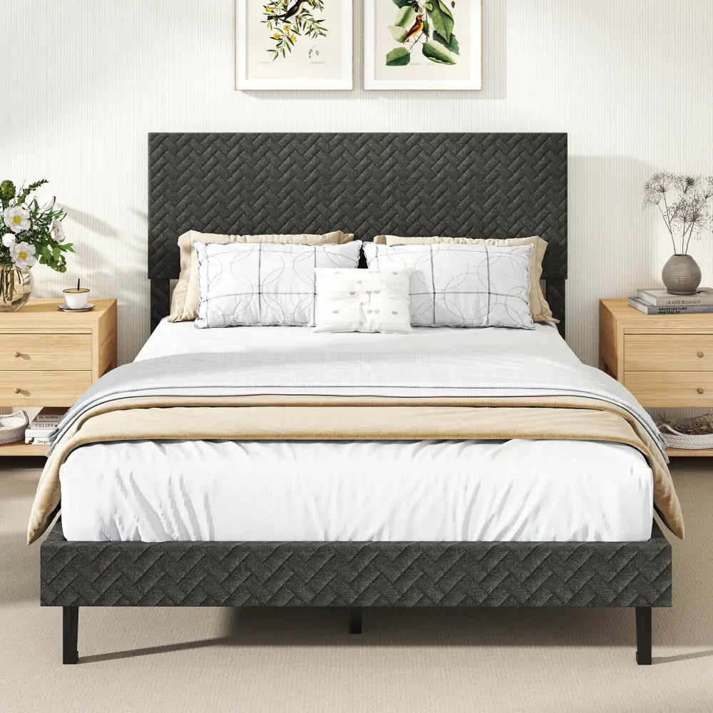 Full Size Velvet Bed Frame Upholstered Platform Bed with Chevron Headboard Gray - Simple Bed Frame