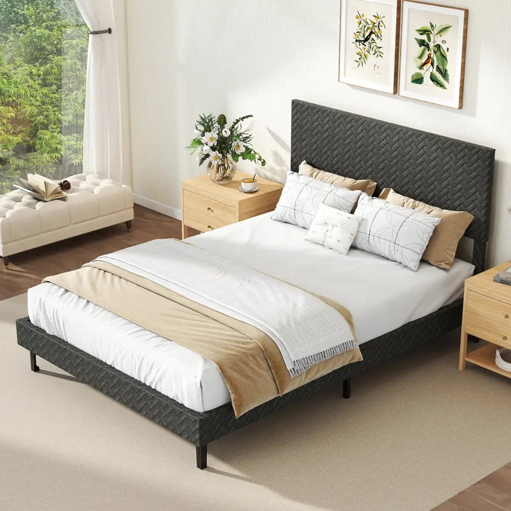 Full Size Velvet Bed Frame Upholstered Platform Bed with Chevron Headboard Gray - Simple Bed Frame