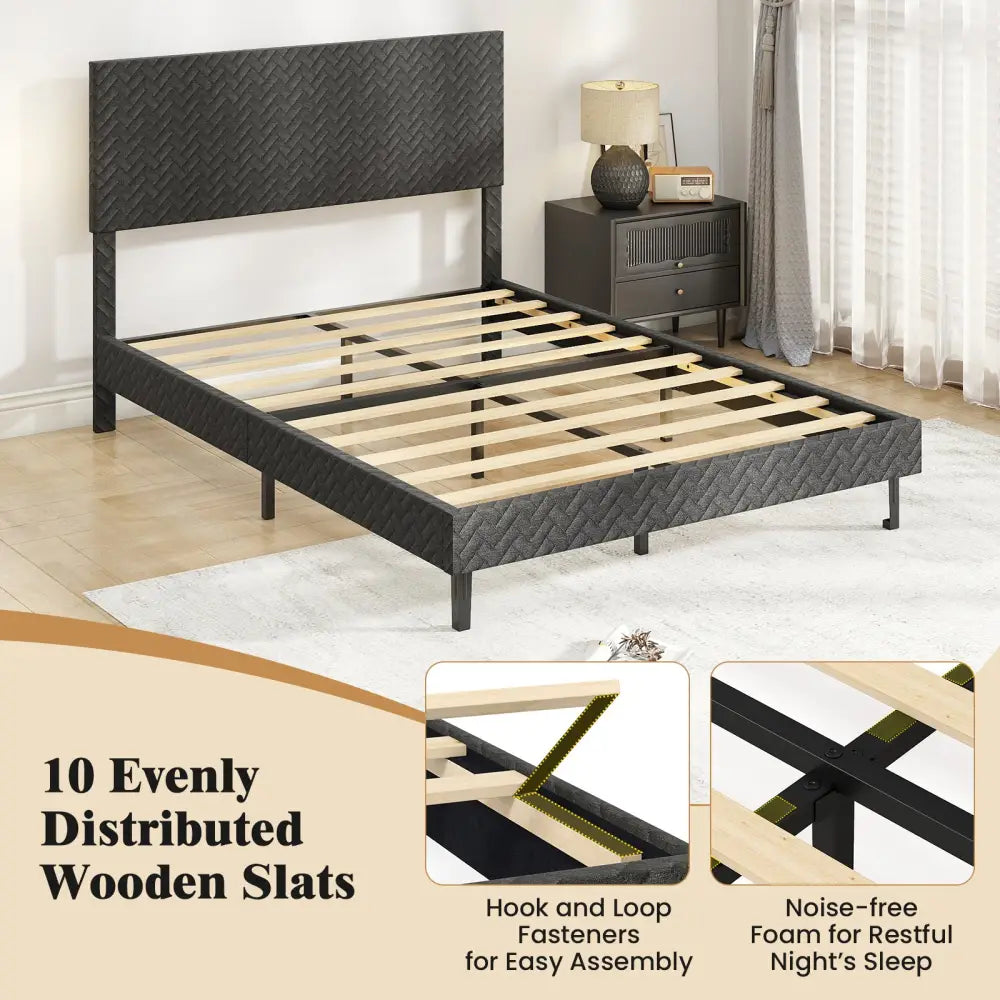 Full Size Velvet Bed Frame Upholstered Platform Bed with Chevron Headboard Gray - Simple Bed Frame
