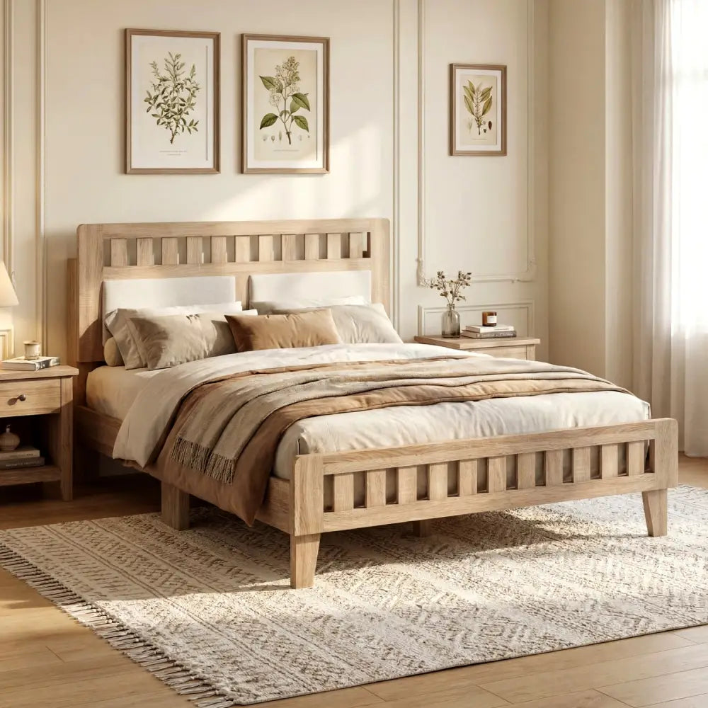 Full Size Wood Bed Frame with Upholstered Headboard Mid Century Style - Beige - Simple Bed Frame