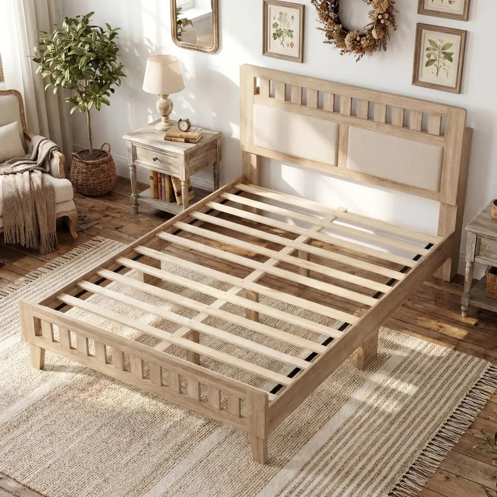 Full Size Wood Bed Frame with Upholstered Headboard Mid Century Style - Beige - Simple Bed Frame