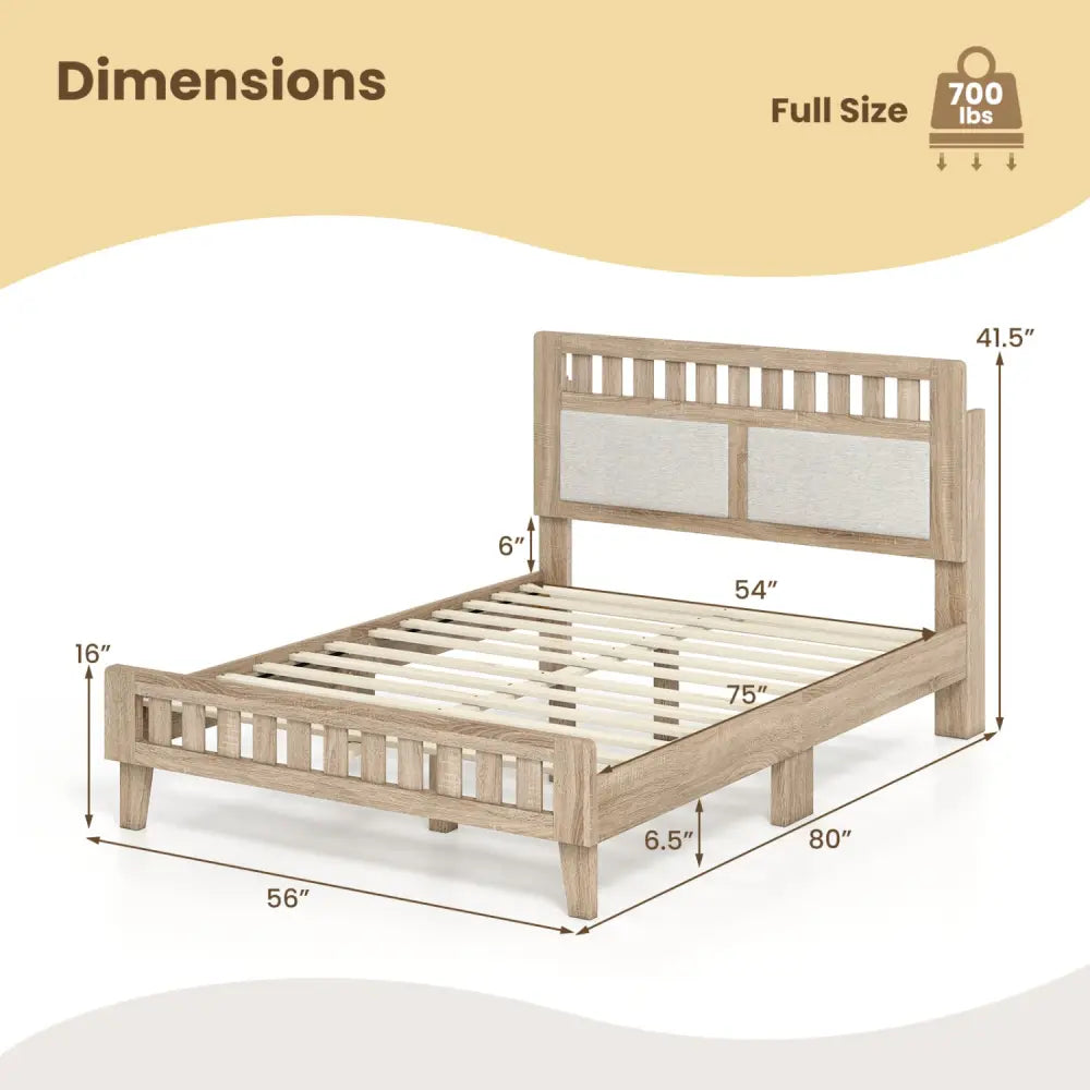 Full Size Wood Bed Frame with Upholstered Headboard Mid Century Style - Beige - Simple Bed Frame