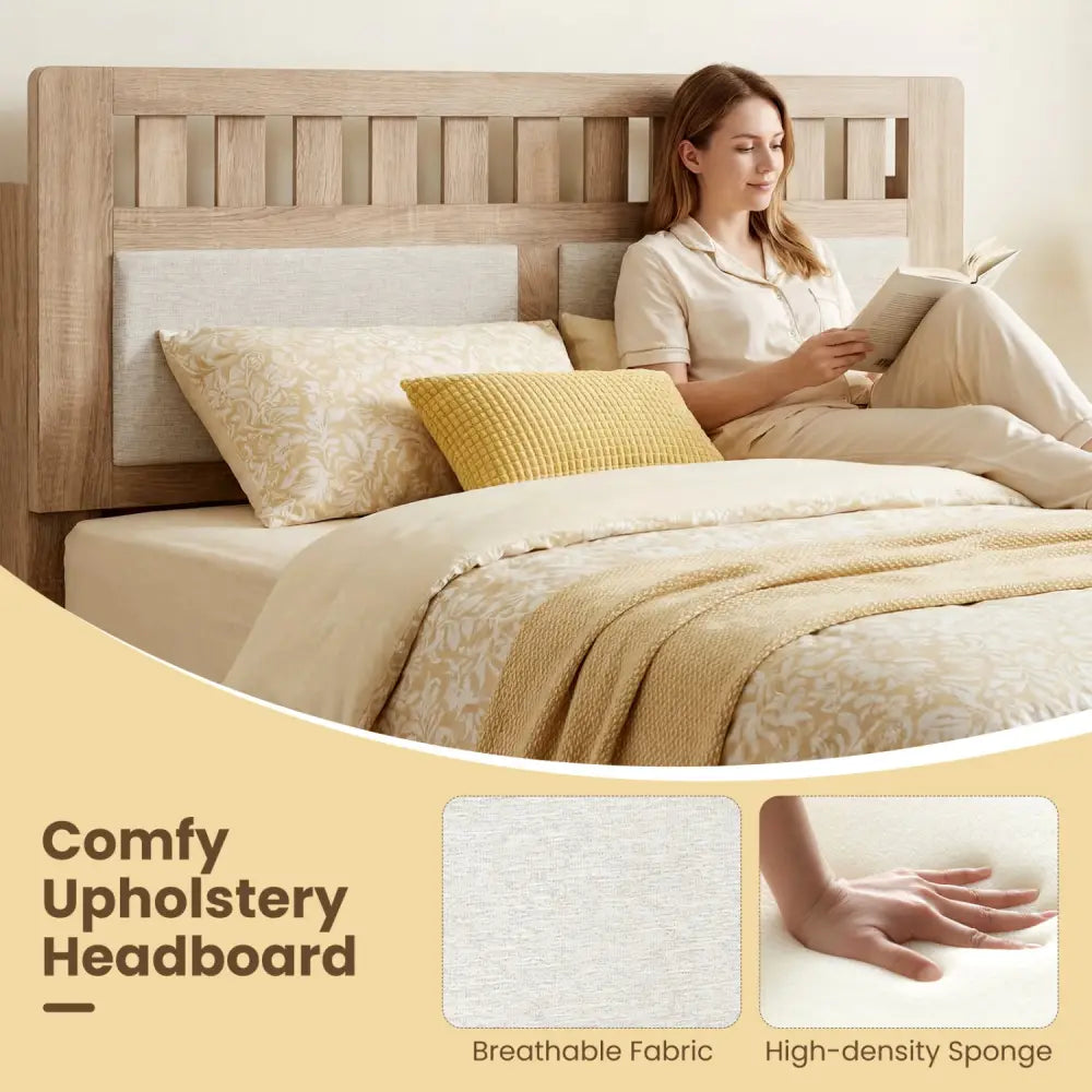 Full Size Wood Bed Frame with Upholstered Headboard Mid Century Style - Beige - Simple Bed Frame