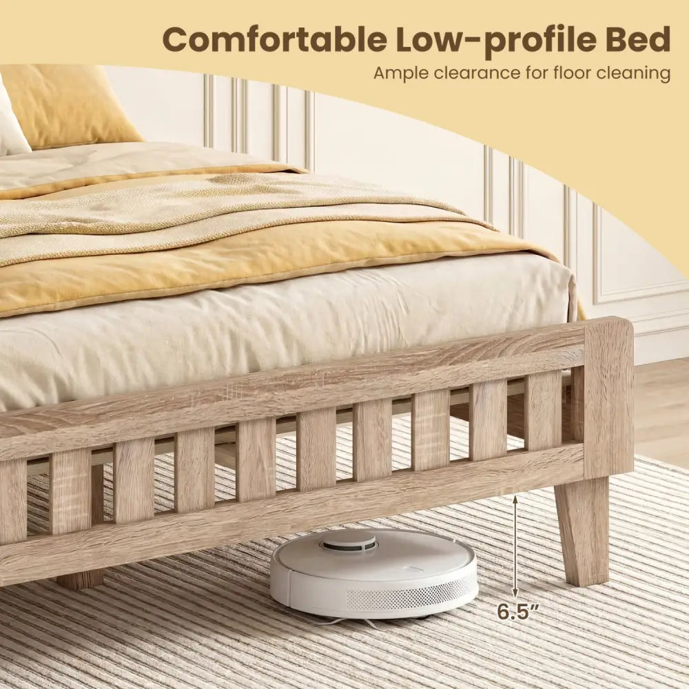 Full Size Wood Bed Frame with Upholstered Headboard Mid Century Style - Beige - Simple Bed Frame