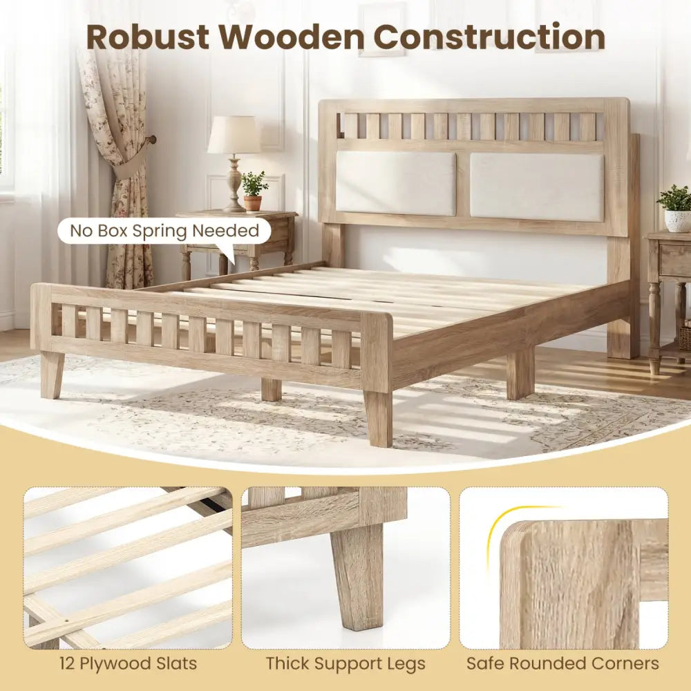 Full Size Wood Bed Frame with Upholstered Headboard Mid Century Style - Beige - Simple Bed Frame