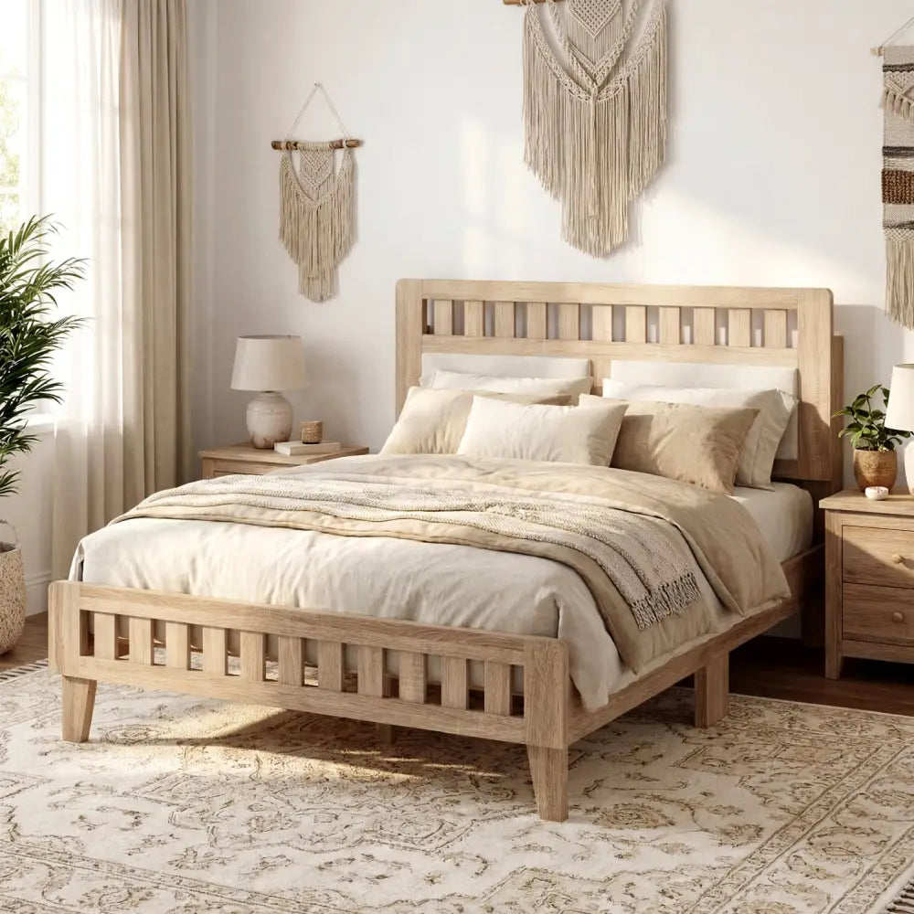 Full Size Wood Bed Frame with Upholstered Headboard Mid Century Style - Beige - Simple Bed Frame