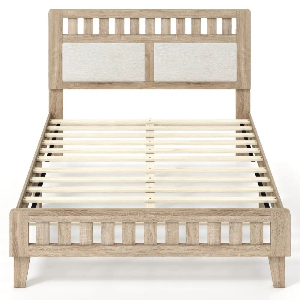 Full Size Wood Bed Frame with Upholstered Headboard Mid Century Style - Beige - Simple Bed Frame