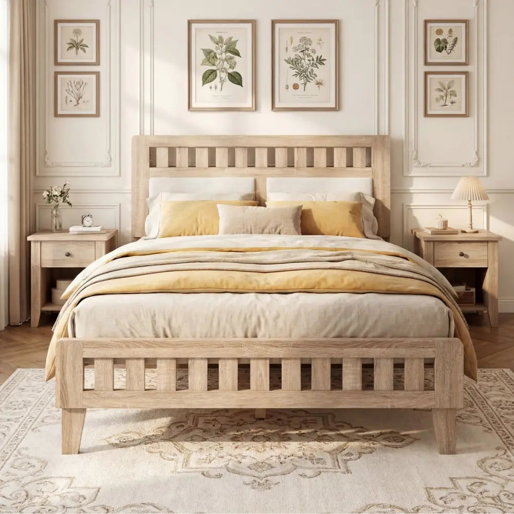 Full Size Wood Bed Frame with Upholstered Headboard Mid Century Style - Beige - Simple Bed Frame