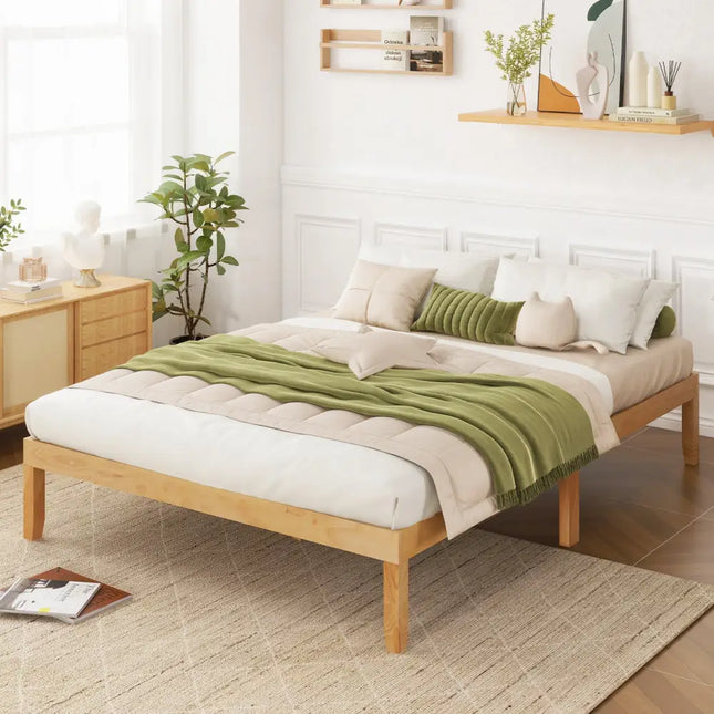 Full Size Wood Bed Frame with Wooden Slats Support and Rubber Wood Legs-Natural - Natural - Simple Bed Frame
