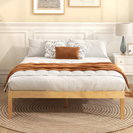Full Size Wood Bed Frame with Wooden Slats Support and Rubber Wood Legs-Natural - Natural - Simple Bed Frame