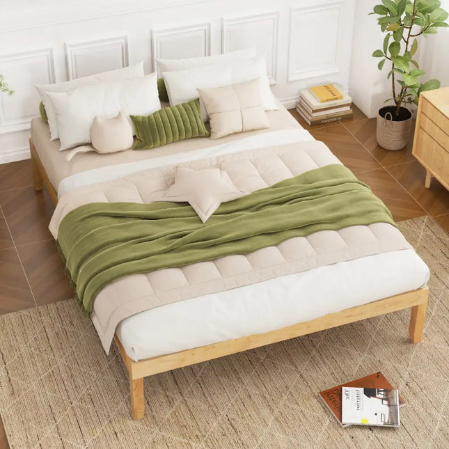 Full Size Wood Bed Frame with Wooden Slats Support and Rubber Wood Legs-Natural - Natural - Simple Bed Frame