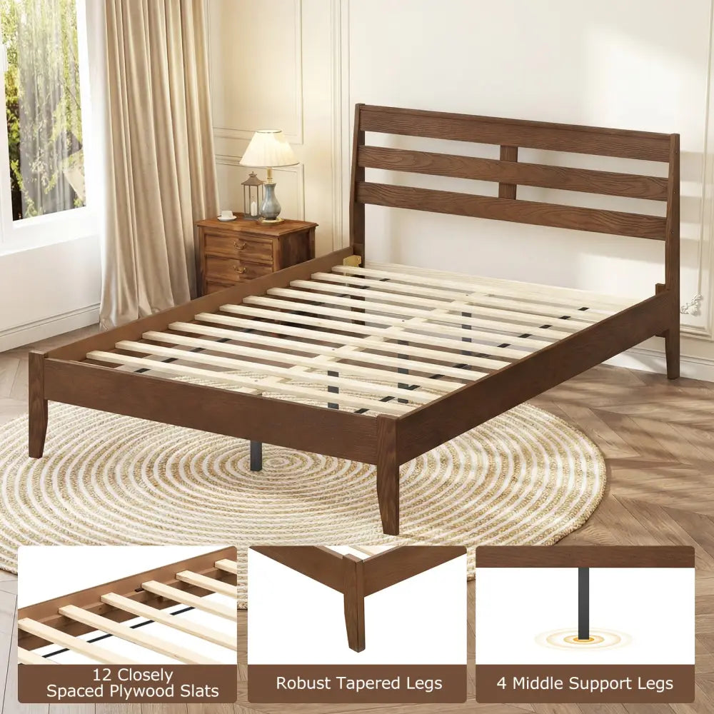 Full Size Wood Platform Bed Frame with Slat Headboard - Brown - Simple Bed Frame