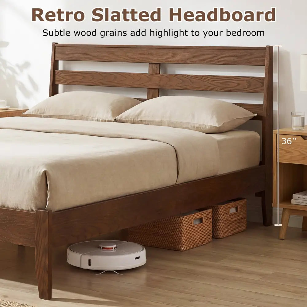 Full Size Wood Platform Bed Frame with Slat Headboard - Brown - Simple Bed Frame