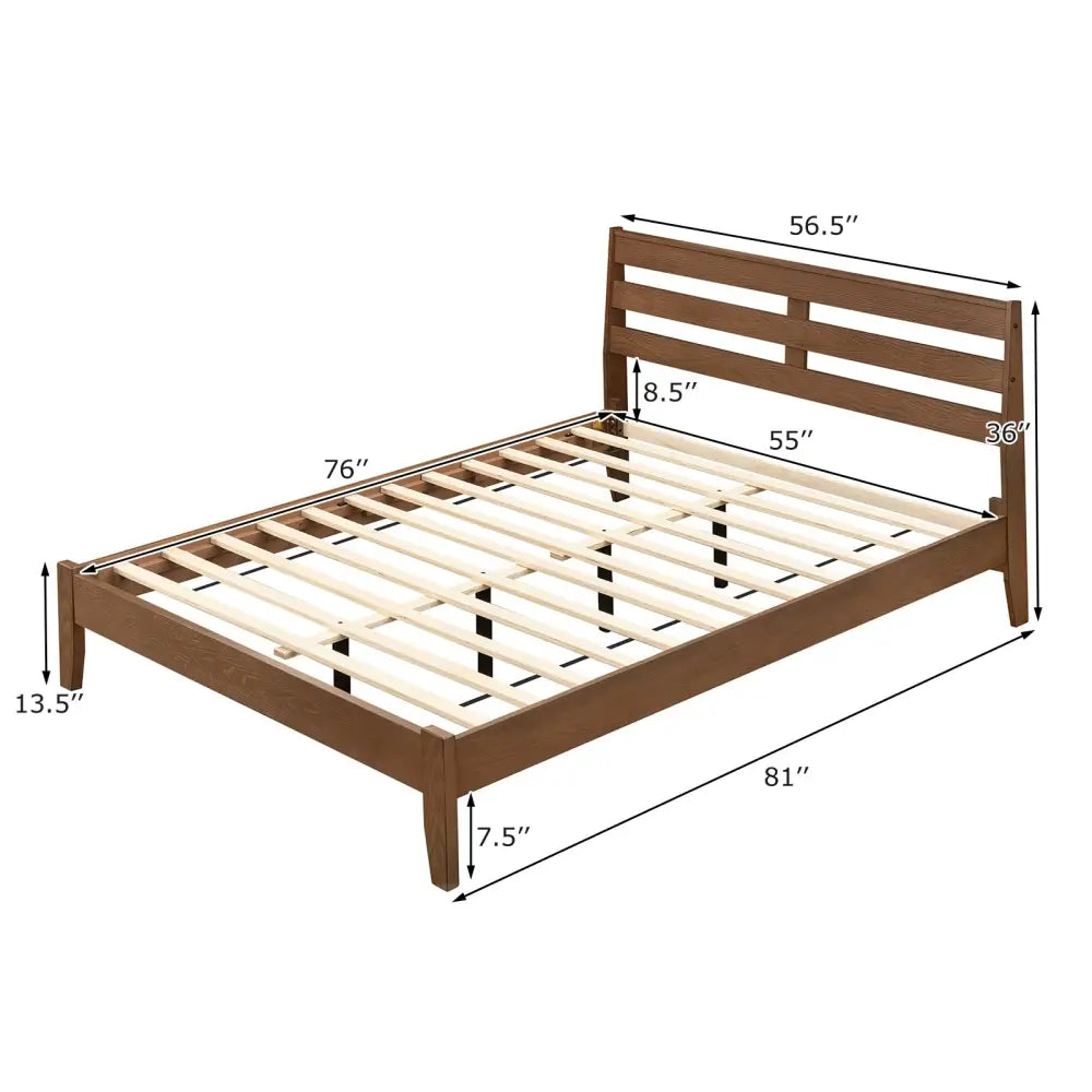Full Size Wood Platform Bed Frame with Slat Headboard - Brown - Simple Bed Frame