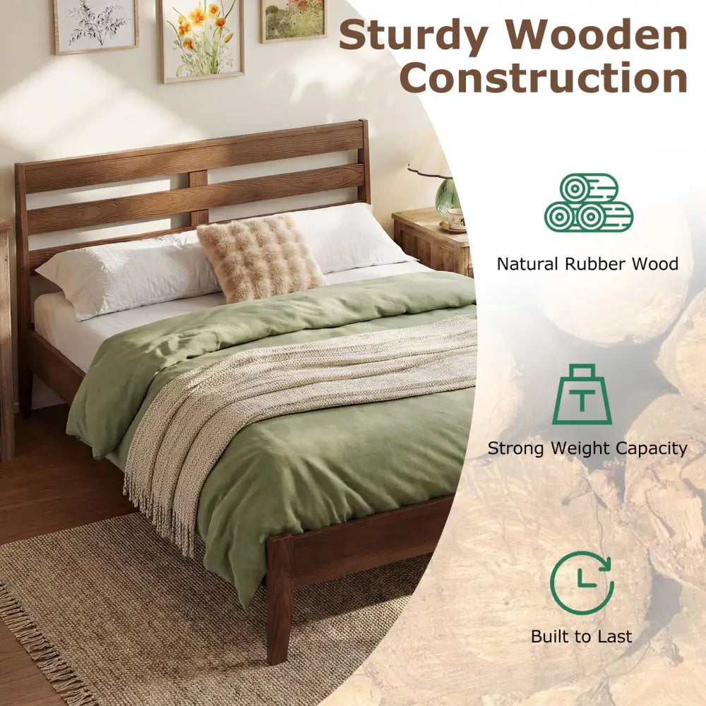 Full Size Wood Platform Bed Frame with Slat Headboard - Brown - Simple Bed Frame