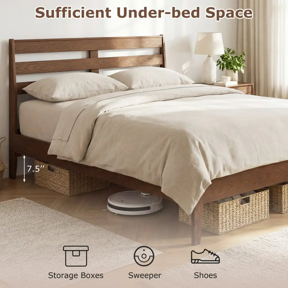 Full Size Wood Platform Bed Frame with Slat Headboard - Brown - Simple Bed Frame