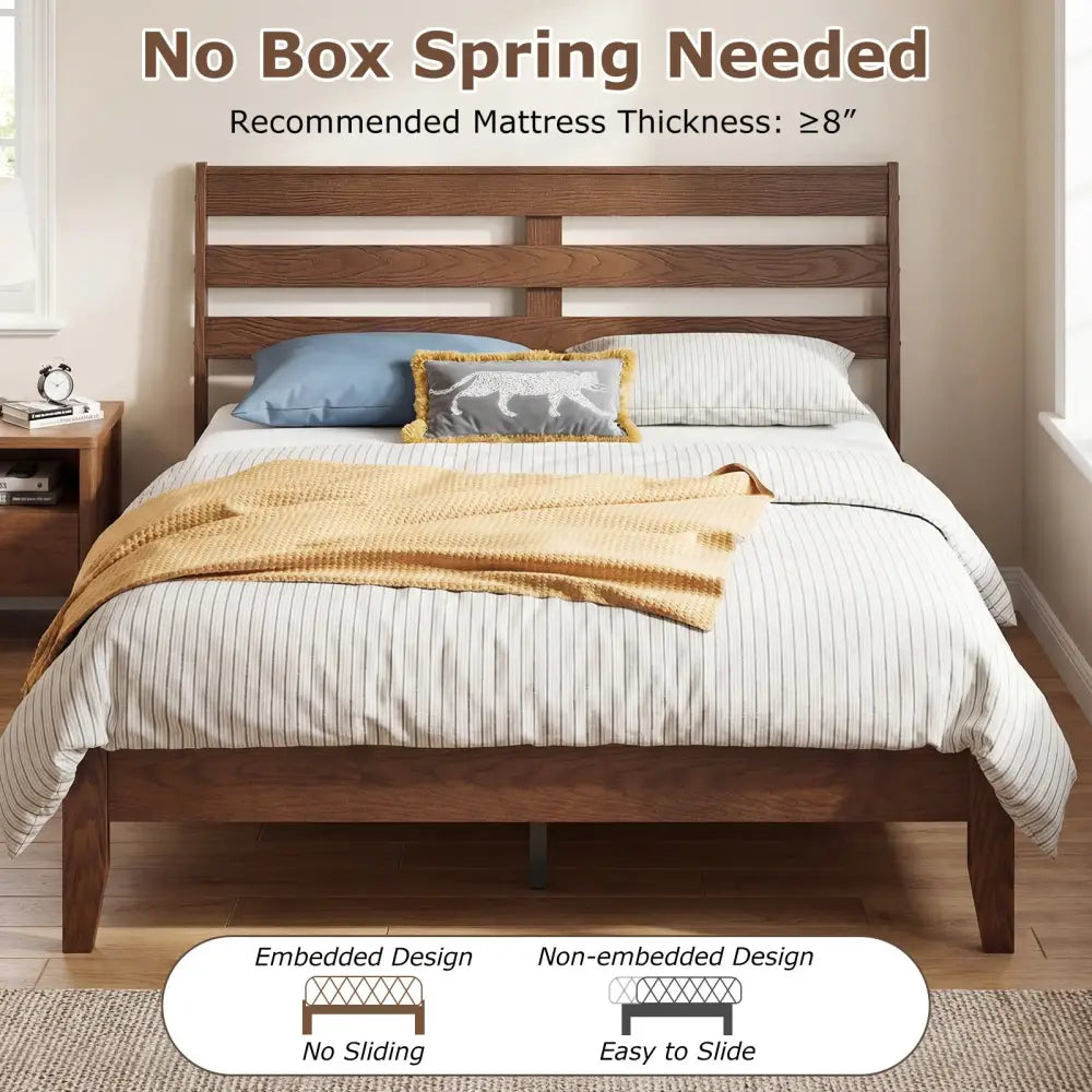 Full Size Wood Platform Bed Frame with Slat Headboard - Brown - Simple Bed Frame