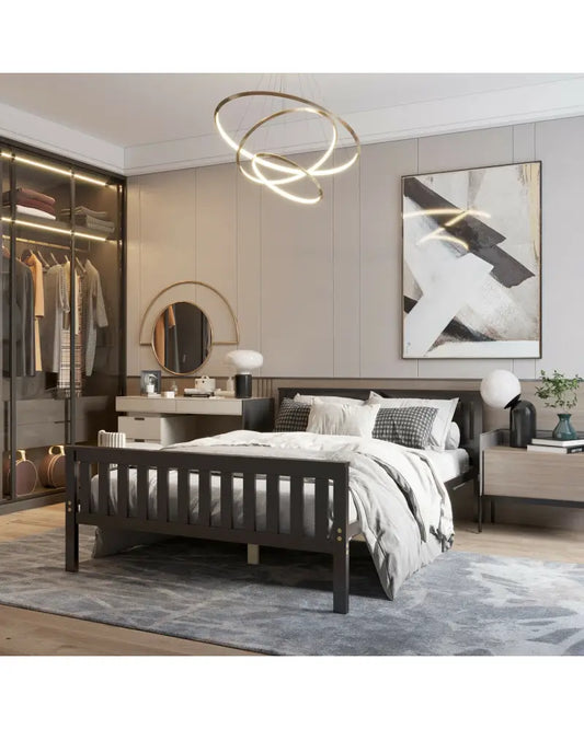 Full Size Wood Platform Bed with Headboard - Espresso - Simple Bed Frame