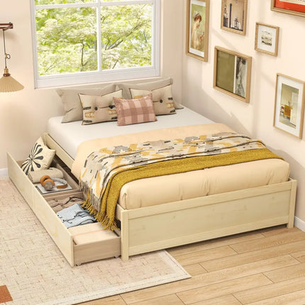 Full Size Wooden Bed Frame with 2 Rolling Storage Drawers-Natural - Natural - Trundle Bed Frame