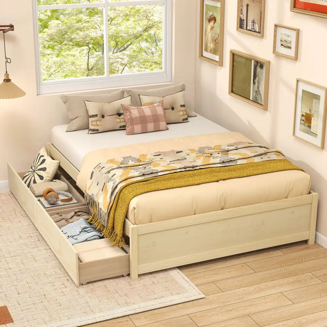 Full Size Wooden Bed Frame with 2 Rolling Storage Drawers-Natural - Natural - Trundle Bed Frame