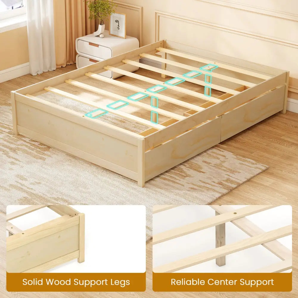 Full Size Wooden Bed Frame with 2 Rolling Storage Drawers-Natural - Natural - Trundle Bed Frame