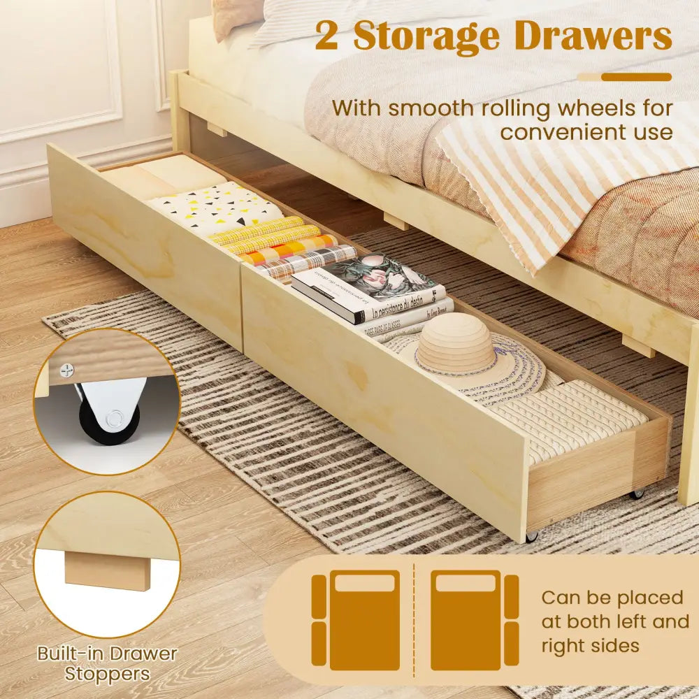 Full Size Wooden Bed Frame with 2 Rolling Storage Drawers-Natural - Natural - Trundle Bed Frame