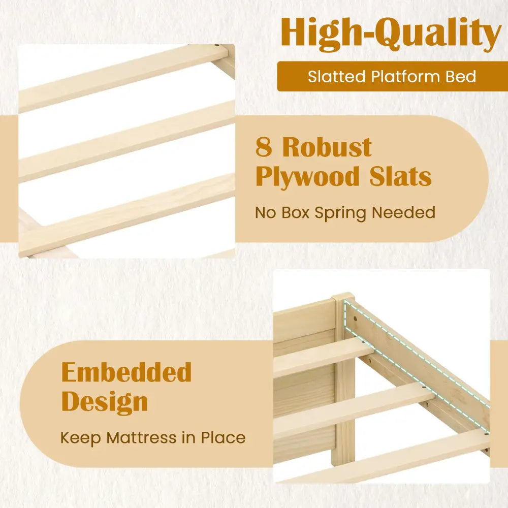 Full Size Wooden Bed Frame with 2 Rolling Storage Drawers-Natural - Natural - Trundle Bed Frame