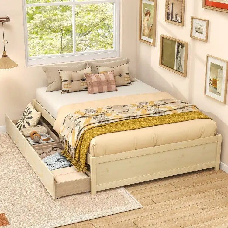 Full Size Wooden Bed Frame with 2 Rolling Storage Drawers - White - Oasis Home Essentials