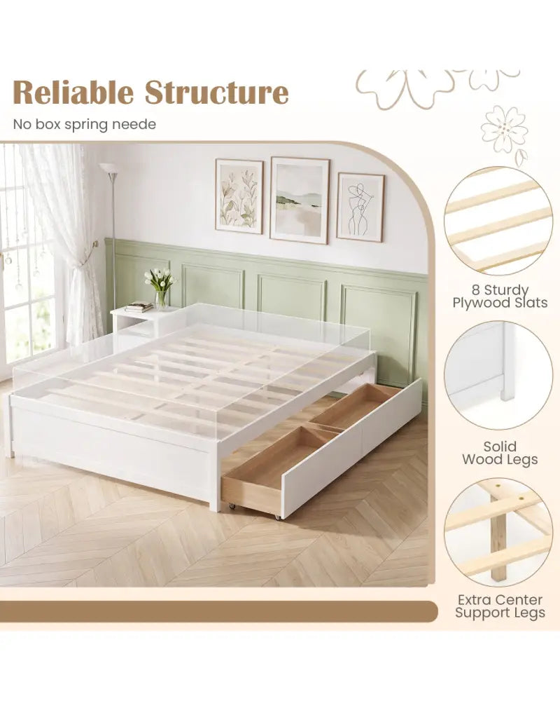 Full Size Wooden Bed Frame with 2 Rolling Storage Drawers-White - White - Trundle Bed Frame