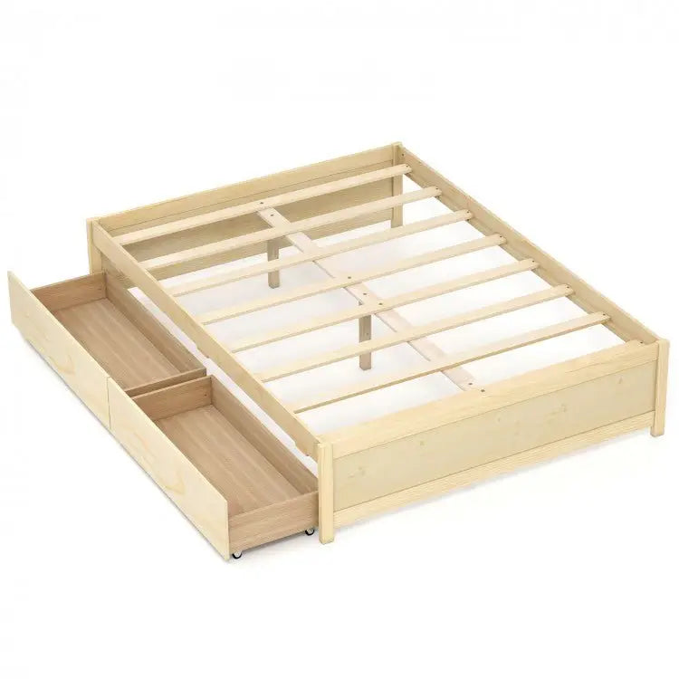 Full Size Wooden Bed Frame with 2 Rolling Storage Drawers - White - Oasis Home Essentials