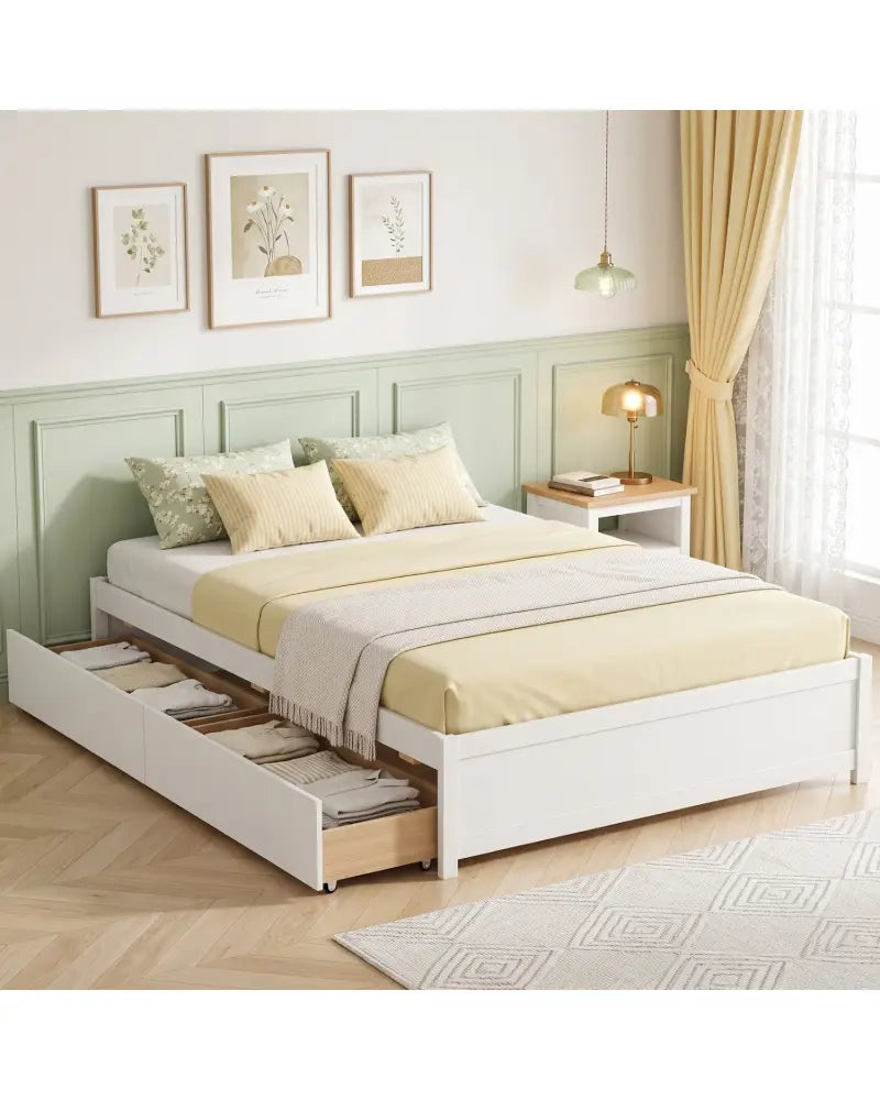 Full Size Wooden Bed Frame with 2 Rolling Storage Drawers-White - White - Trundle Bed Frame