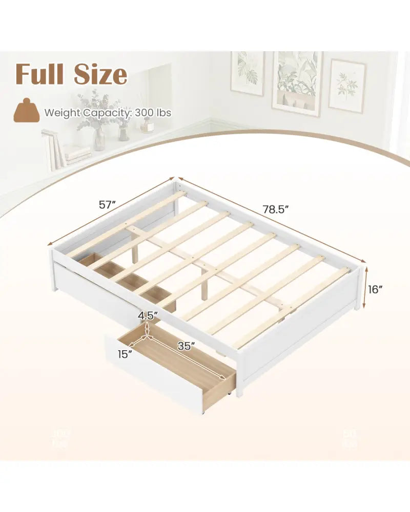 Full Size Wooden Bed Frame with 2 Rolling Storage Drawers-White - White - Trundle Bed Frame