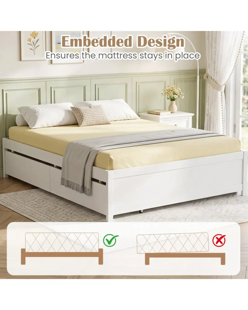 Full Size Wooden Bed Frame with 2 Rolling Storage Drawers-White - White - Trundle Bed Frame