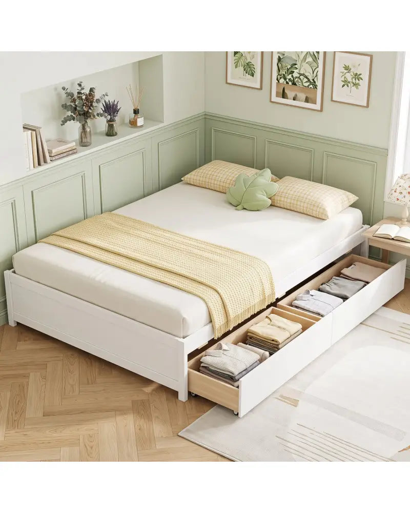 Full Size Wooden Bed Frame with 2 Rolling Storage Drawers-White - White - Trundle Bed Frame