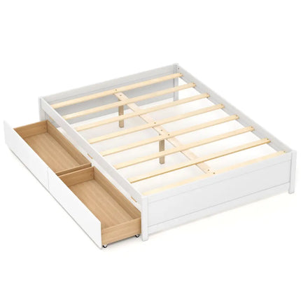 Full Size Wooden Bed Frame with 2 Rolling Storage Drawers-White - White - Trundle Bed Frame