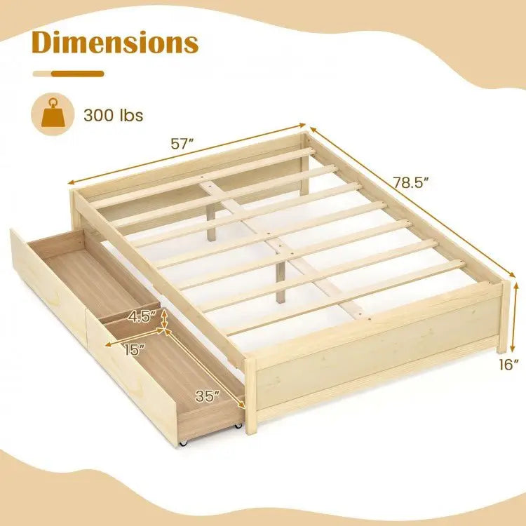 Full Size Wooden Bed Frame with 2 Rolling Storage Drawers - White - Oasis Home Essentials