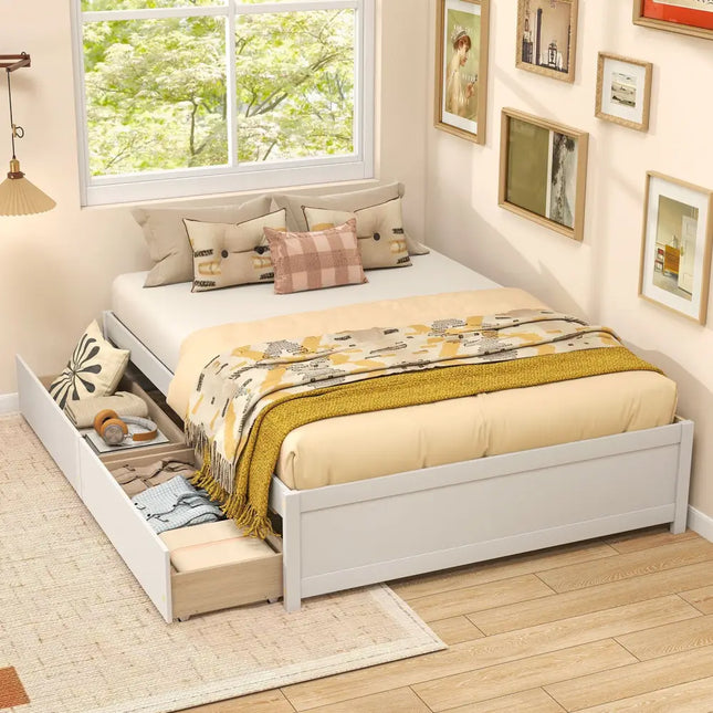 Full Size Wooden Bed Frame with 2 Rolling Storage Drawers-White - White - Trundle Bed Frame