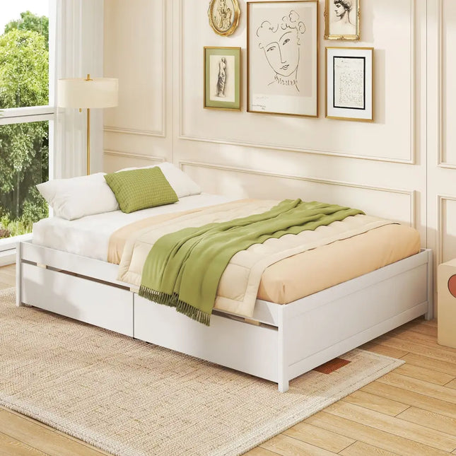 Full Size Wooden Bed Frame with 2 Rolling Storage Drawers-White - White - Trundle Bed Frame