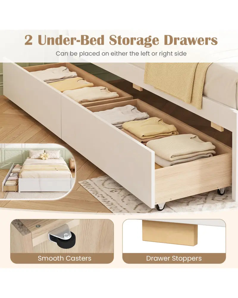 Full Size Wooden Bed Frame with 2 Rolling Storage Drawers-White - White - Trundle Bed Frame