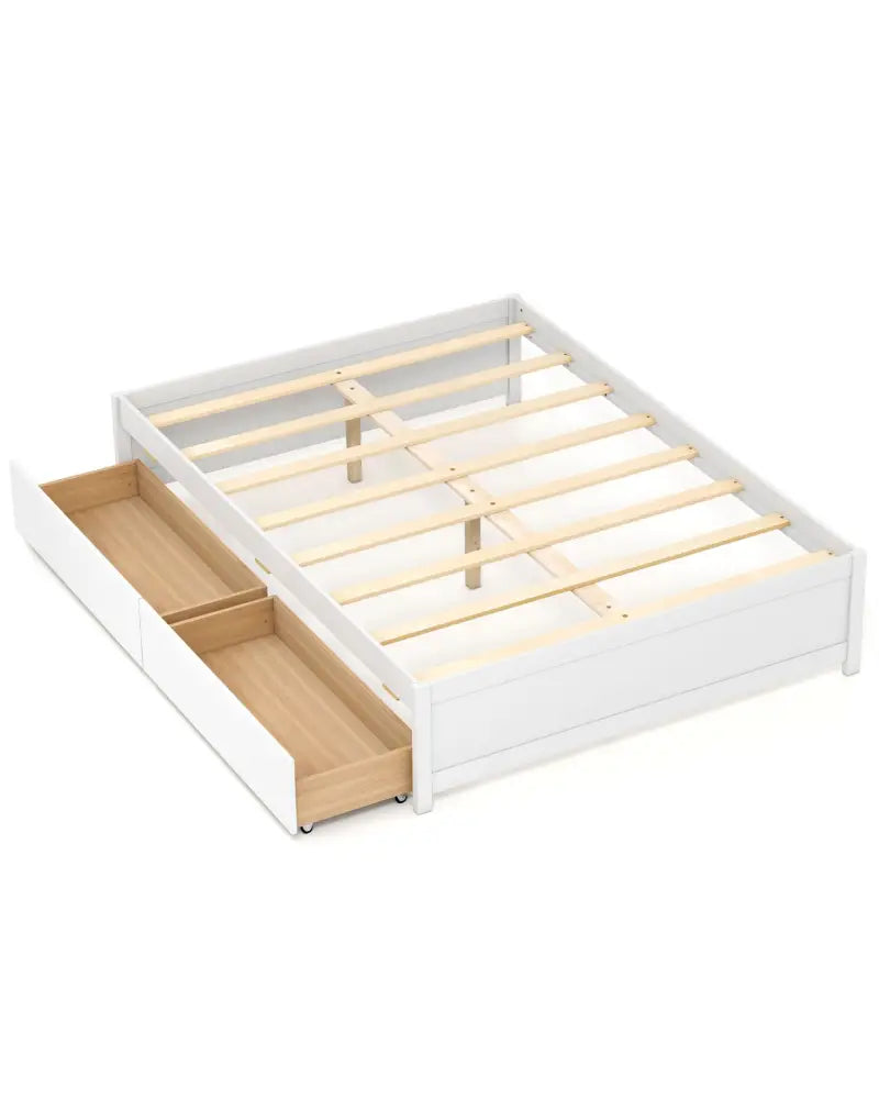 Full Size Wooden Bed Frame with 2 Rolling Storage Drawers-White - White - Trundle Bed Frame