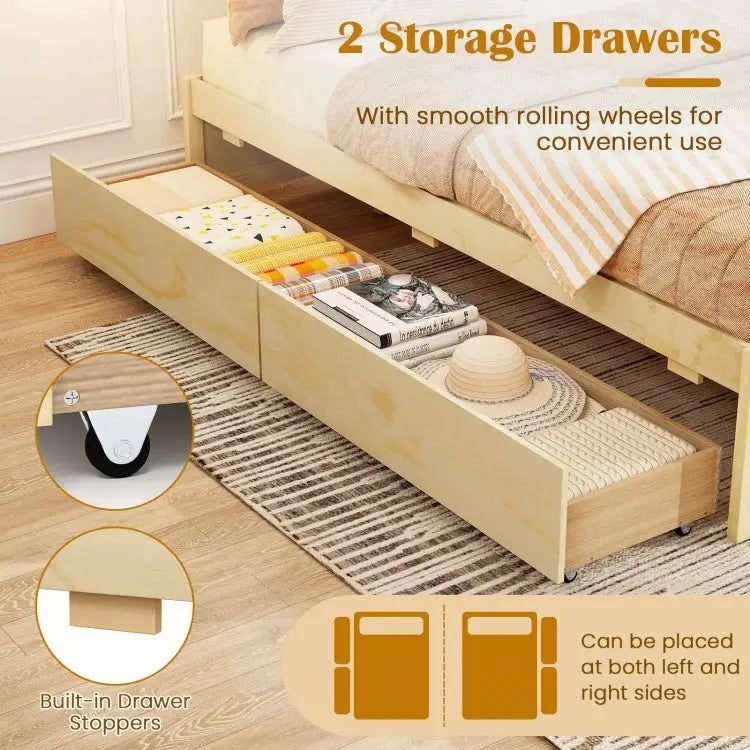 Full Size Wooden Bed Frame with 2 Rolling Storage Drawers - White - Oasis Home Essentials