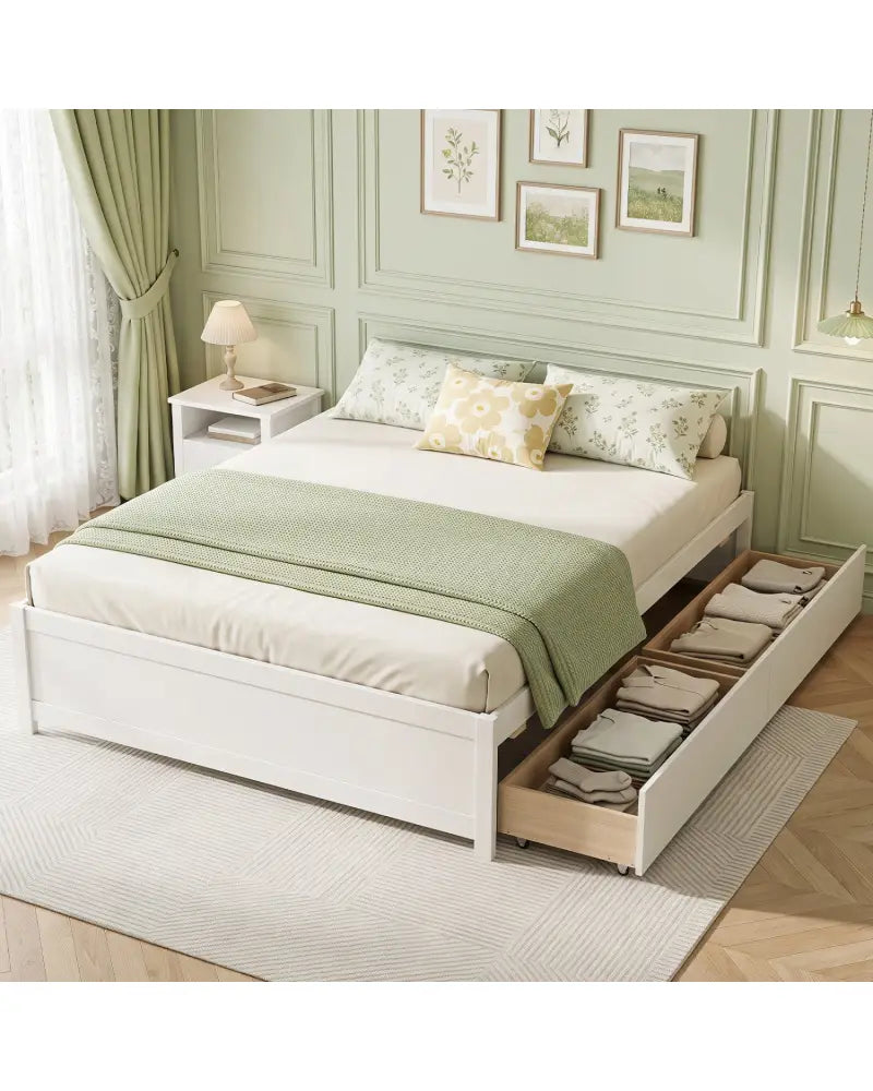 Full Size Wooden Bed Frame with 2 Rolling Storage Drawers-White - White - Trundle Bed Frame