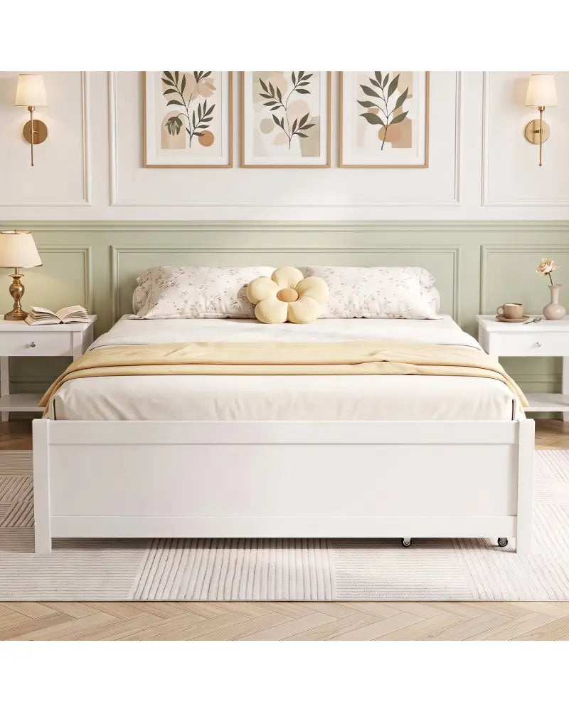 Full Size Wooden Bed Frame with 2 Rolling Storage Drawers-White - White - Trundle Bed Frame