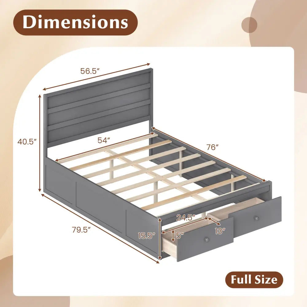 Full Size Wooden Platform Bed Frame with Storage Drawers-Gray - Gray - Simple Bed Frame