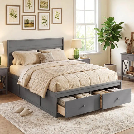 Full Size Wooden Platform Bed Frame with Storage Drawers-Gray - Gray - Simple Bed Frame