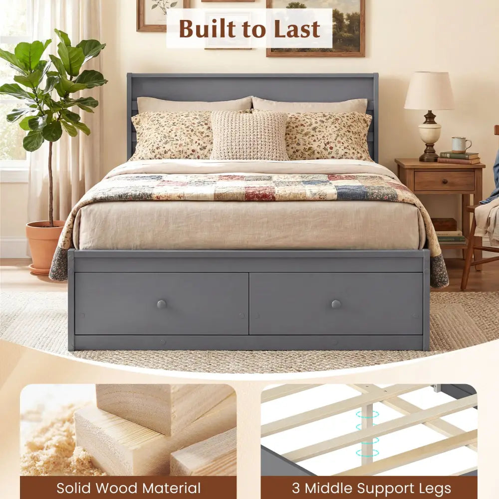Full Size Wooden Platform Bed Frame with Storage Drawers-Gray - Gray - Simple Bed Frame