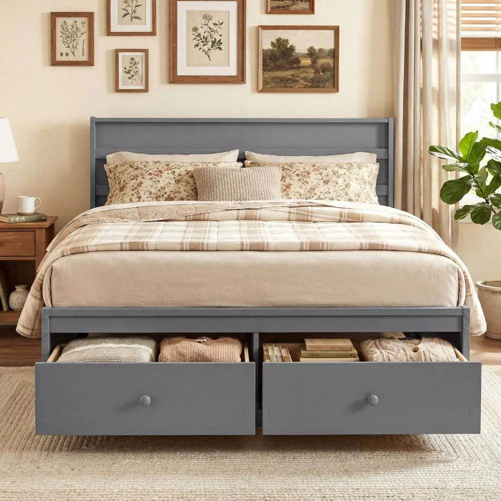 Full Size Wooden Platform Bed Frame with Storage Drawers-Gray - Gray - Simple Bed Frame