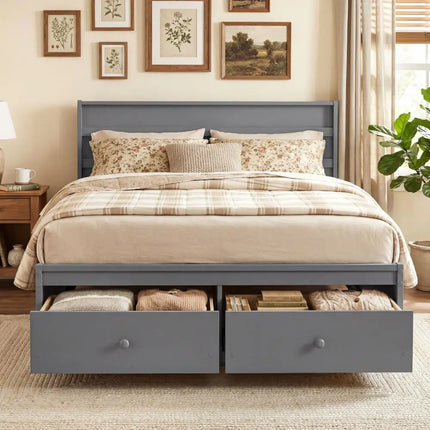Full Size Wooden Platform Bed Frame with Storage Drawers-Gray - Gray - Simple Bed Frame