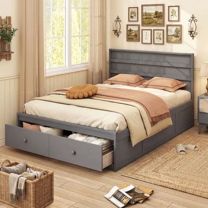 Full Size Wooden Platform Bed Frame with Storage Drawers-Gray - Gray - Simple Bed Frame